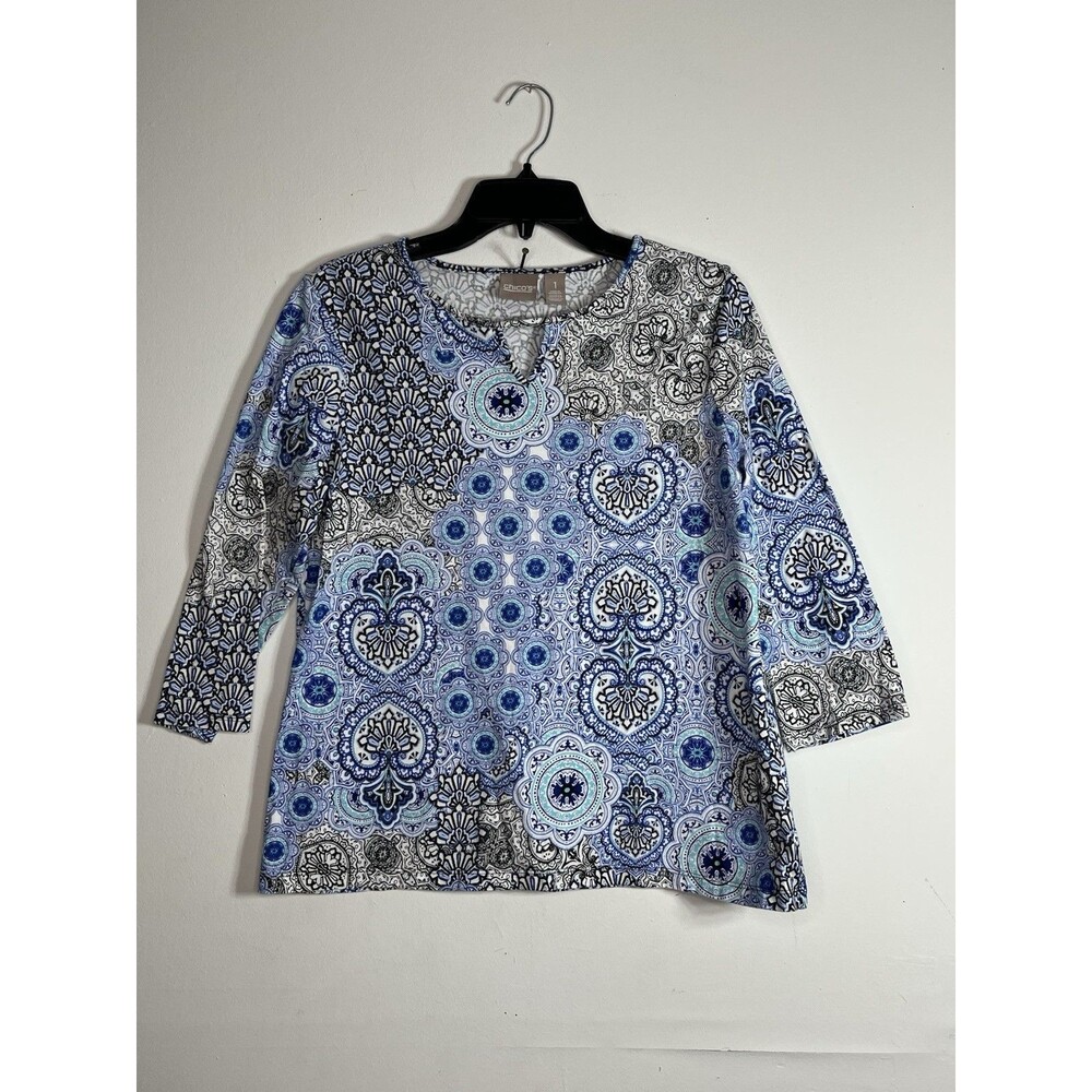 Chico's Art Print Top Women's Size 1 Medium 3/4 Sleeve Blouse